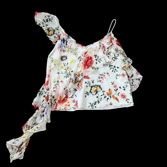 ⭐️ALICE + OLIVIA - PAULINA WHITE SILK SHEER FLORAL ASYMMETRICAL SILK TANK TOP⭐️ - Picture 8 of 8